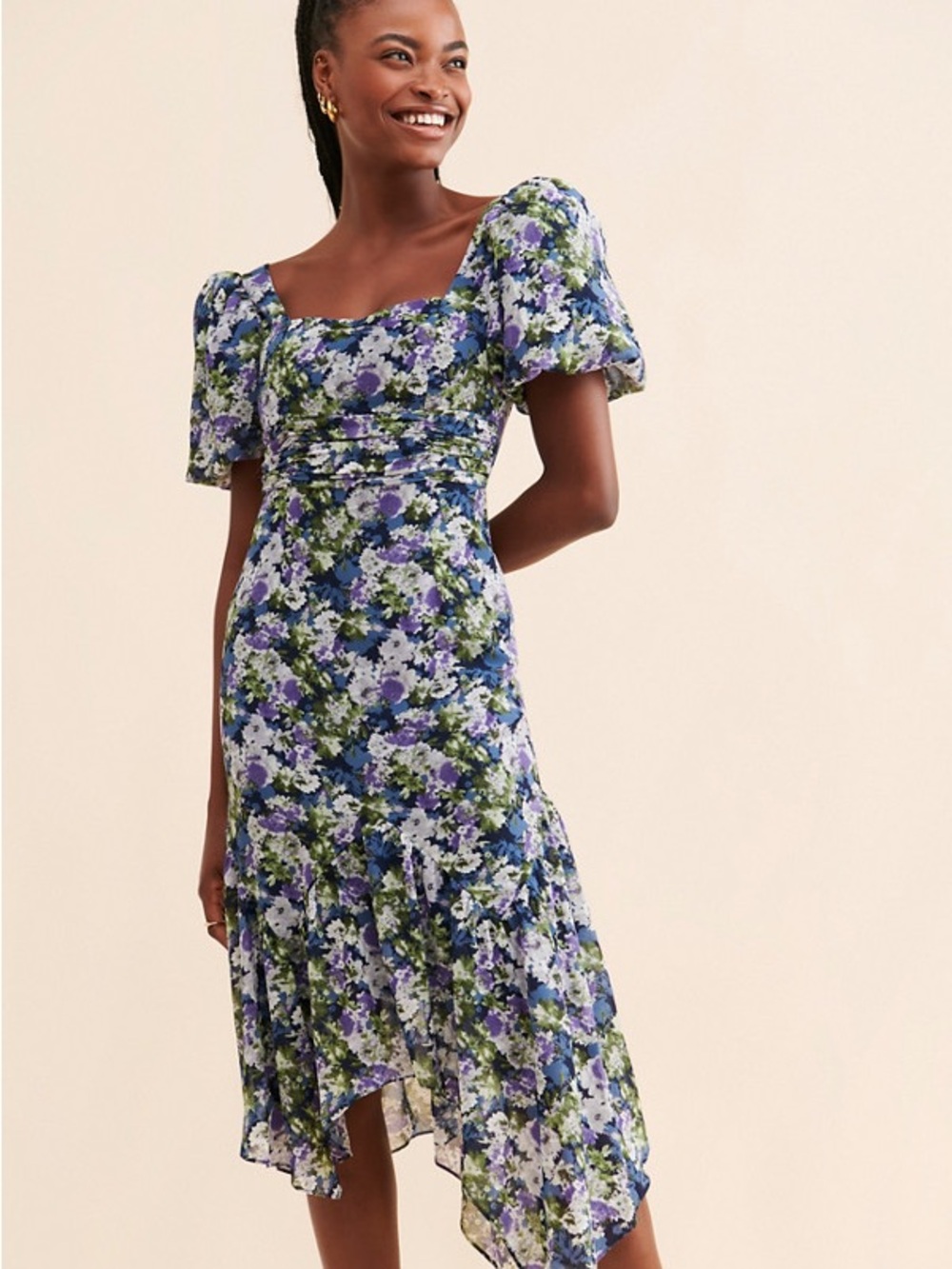 NEW ASTR The Label Floral Asymmetrical Midi Dress S Blue Multi Puff Sleeve NWT